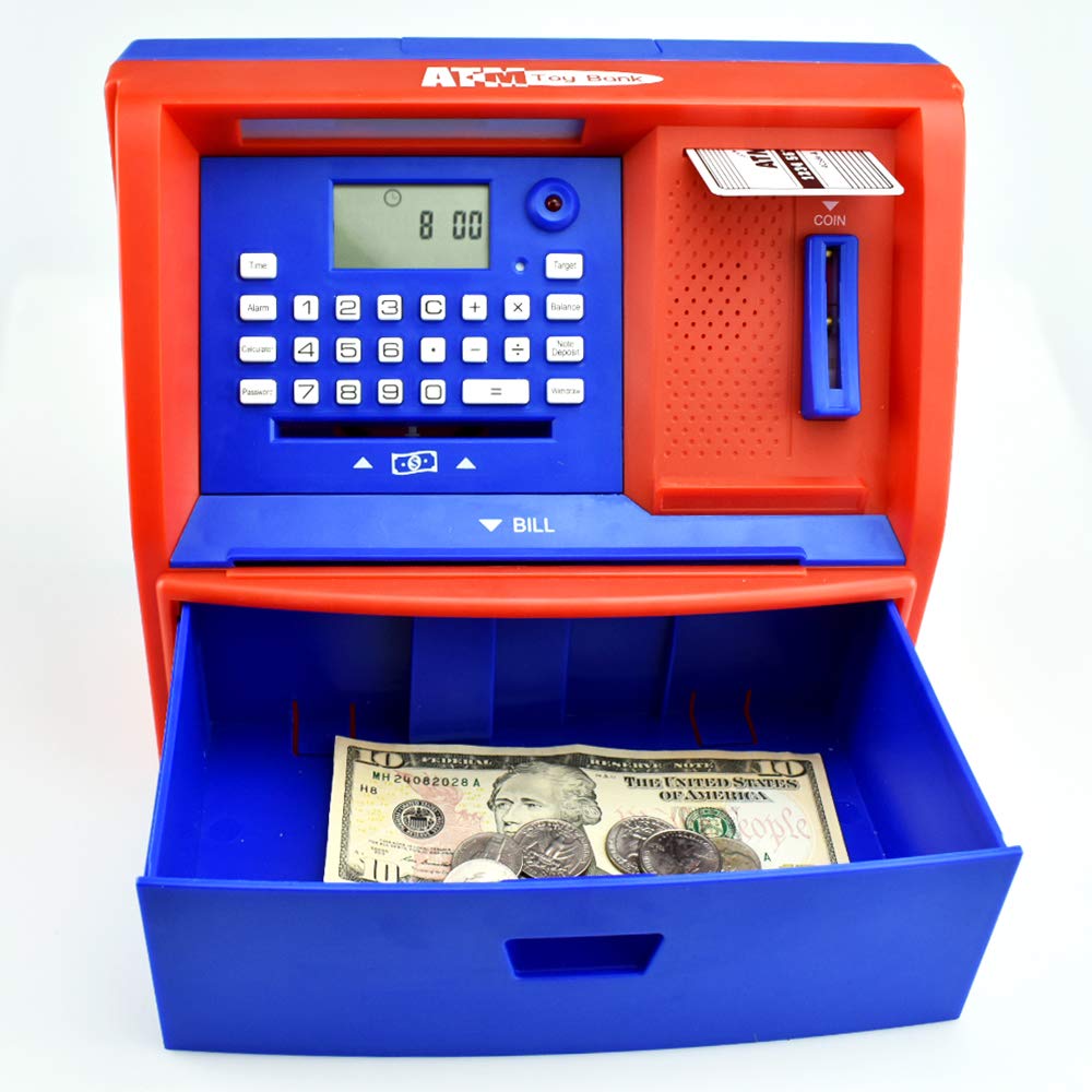 Digital ATM Piggy Bank for Kids - Talking Electronic Money Coin Bank with Savings Function, Fun Educational Gift for Boys & Girls (Red/Blue) - Perfect for Birthday Presents, Financial Learning & Playtime