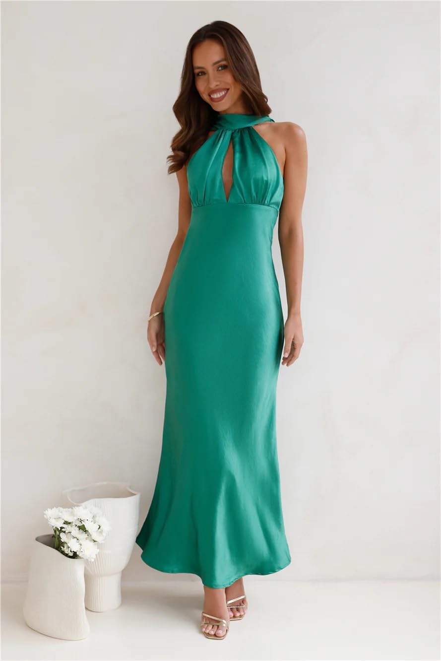 2024 Satin Cutout Halter Neck Midi Dress - Silk Sexy Sleeveless Backless Formal Dress with Empire Waist for Wedding Guest, Evening Party, Cocktail Reception & Special Occasions