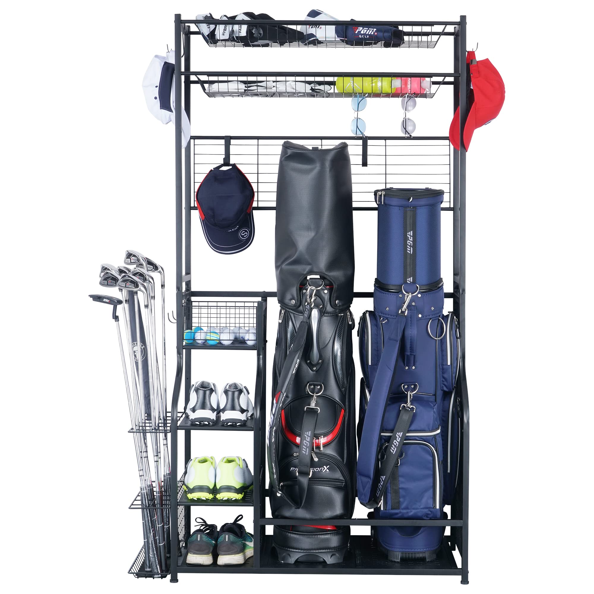 Mythinglogic Golf Bag Storage Stand & Organizer - 2 Golf Bags Holder with 4 Removable Hooks & Accessory Rack - Perfect for Garage, Basement, or Clubhouse Storage - Golf Equipment Display & Organization Solution