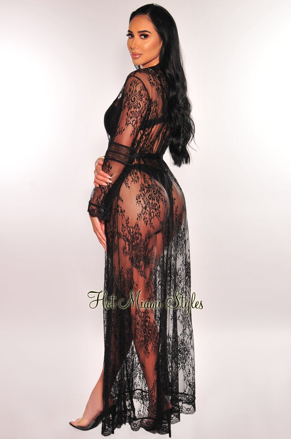 Black Floral Lace Crochet Sheer Tie-Up Beach Cover Up - Perfect for Summer Vacations, Pool Parties, and Boho Fashion