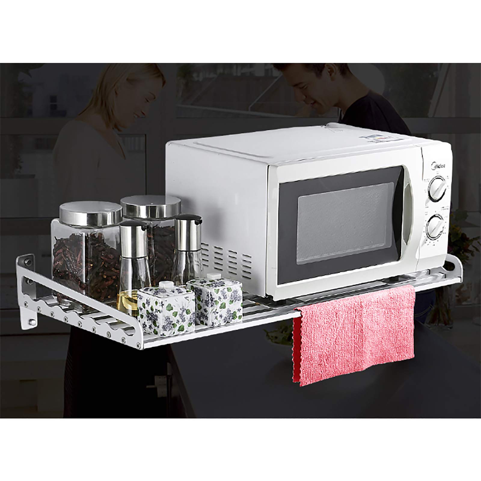 JYMEI Microwave Oven Rack - Wall Mounted Metal Hanging Shelf for Kitchen Storage | Space Saving Organizer for Pans, Dishes & Cookware | Durable Black/Silver Options | Perfect for Small Kitchens, Apartments & Catering Businesses