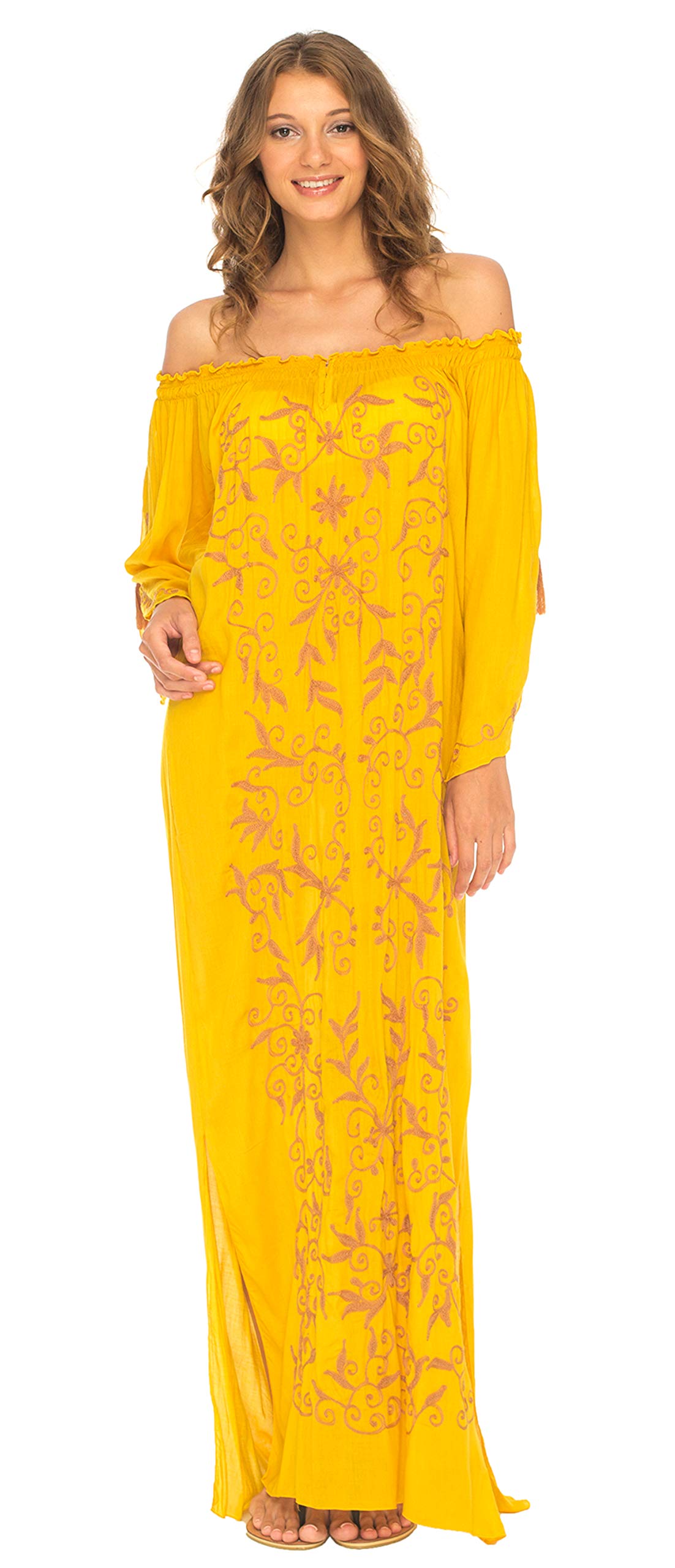 SHU-SHI Women's Casual Boho Ethnic Long Sleeve Off Shoulder Embroidered Maxi Dress - Perfect for Beach Vacations, Summer Parties & Boho Fashion