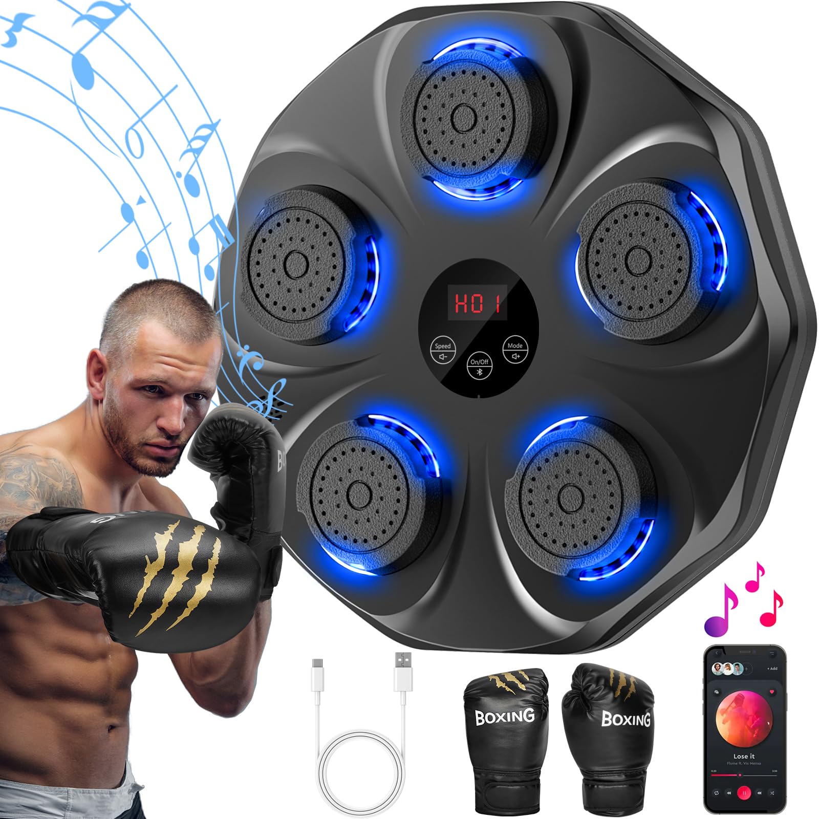 Music Boxing Machine - Interactive Punching Trainer with Boxing Gloves | Large Wall Mounted Electronic Boxing Target for Adults & Kids | 9 Modes & 9 Speeds | Perfect for Home Gym, Boxing Training & Stress Relief