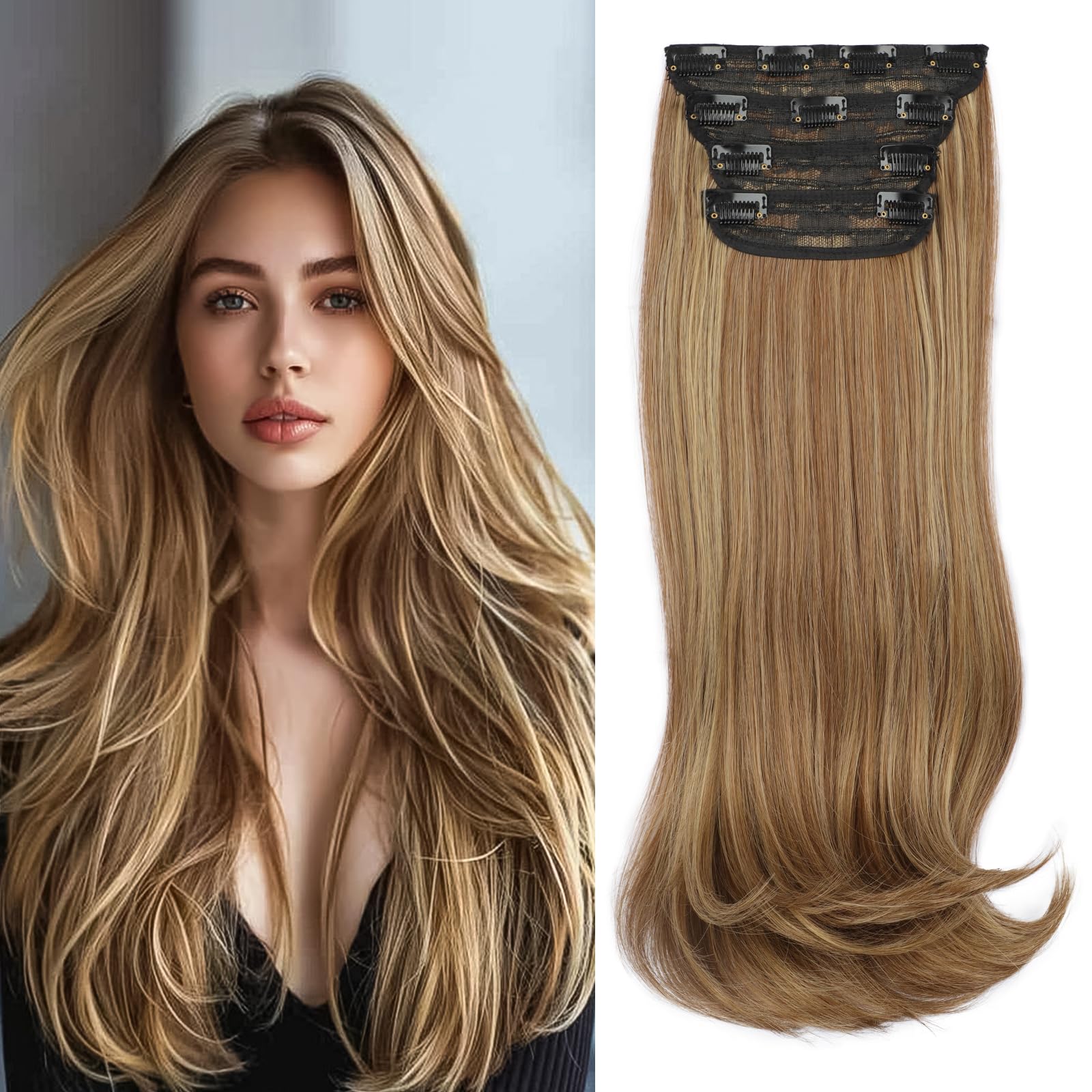 4PCS Clip-In Hair Extensions for Women – 20 Inch Thick Long Straight Layered Invisible Lace Weft – Perfect for Volume, Length & Styling – Great for Parties, Weddings & Daily Wear