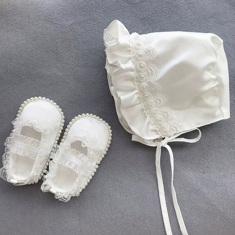 Baby Princess Hat & Toddler Lace Pearl Soft-Soled Shoes Set for Newborn Photoshoot, Christening, and Special Occasions