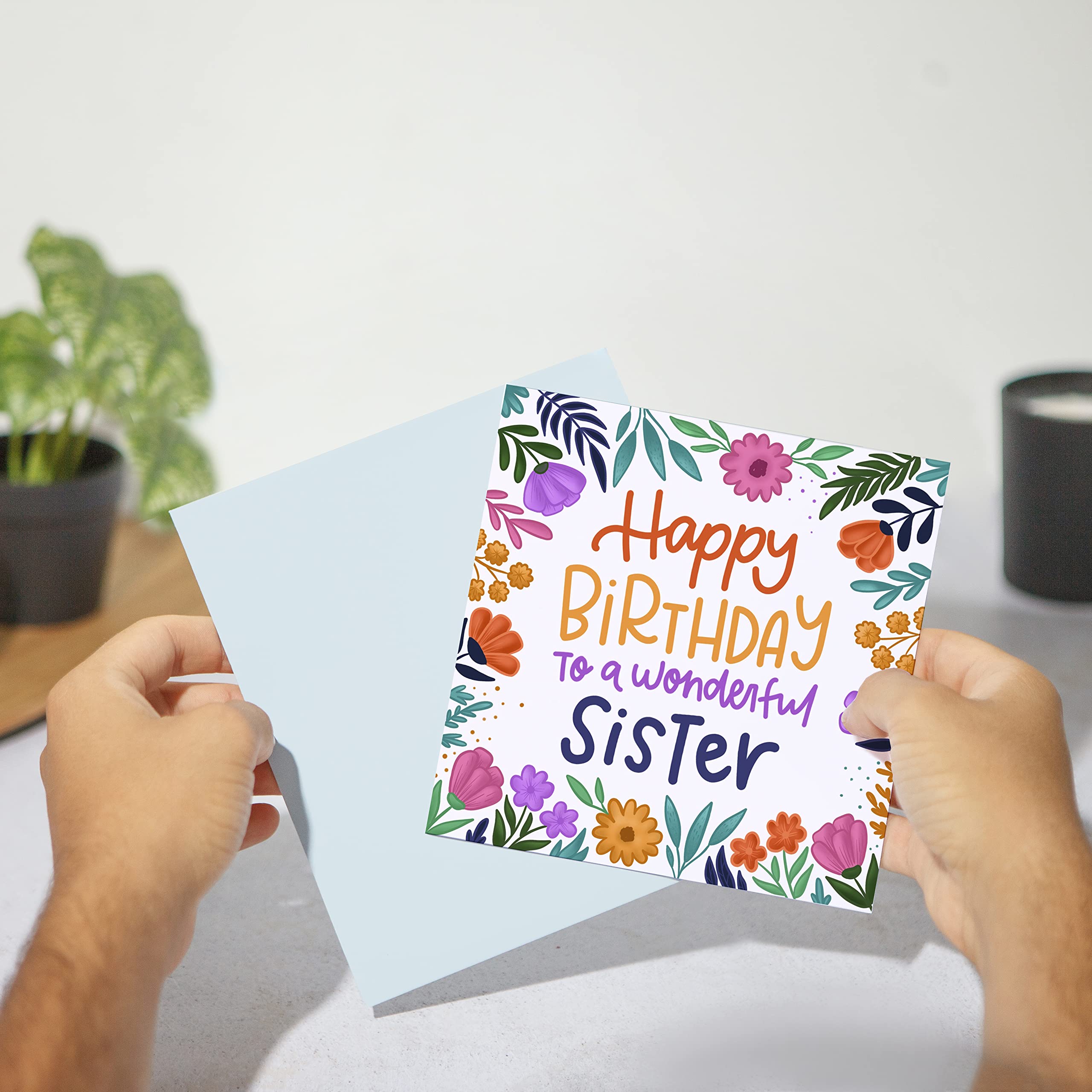 Floral Print Sister Birthday Card - Luxurious Greeting Card for Women with Vivid Colors - 5.8 x 5.8 Inch Pretty Birthday Gift - Perfect for Sister's Birthday, Women's Day & Special Occasions