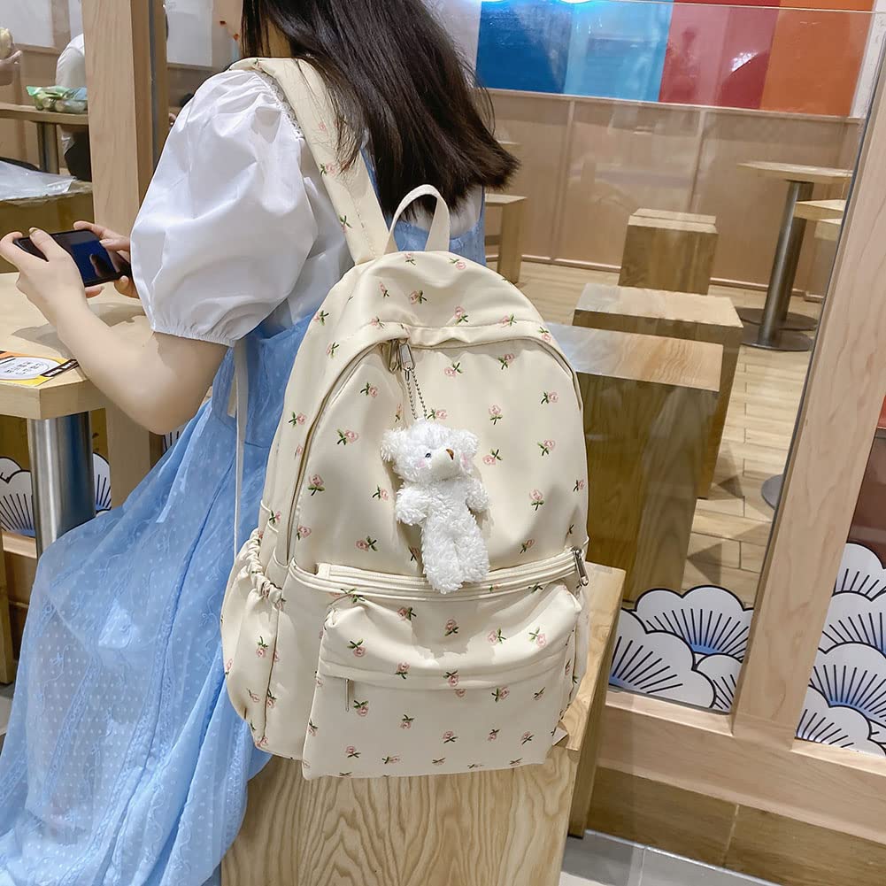 Cute Floral Print Aesthetic Backpack for Women - Large Capacity Kawaii Backpack with Plush Pendant - Stylish Travel Backpack for School, Work & Casual Outings