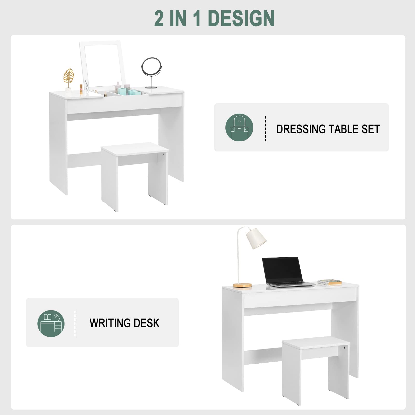 WOLTU Modern Wooden Makeup Vanity Set with Stool & Foldable Mirror, High Gloss White Dressing Table for Bedroom (100x45x76cm) - Perfect for Beauty Routine, Cosmetics Organization & Small Space Decor