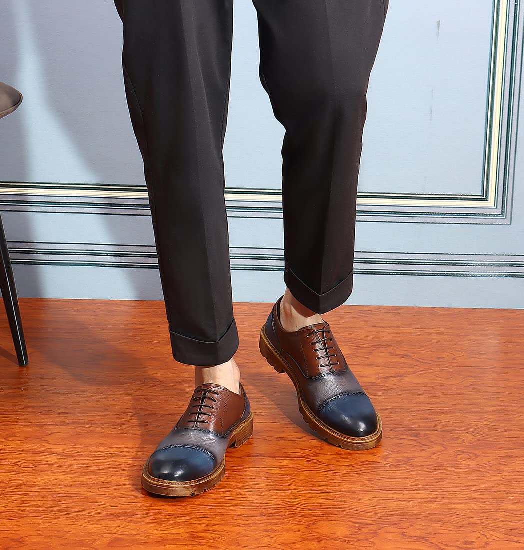 Premium Men's Leather Dress Shoes - Classic Cap Toe Oxfords & Derby Style in Blue & Brown | Formal Business Attire, Wedding & Office Wear