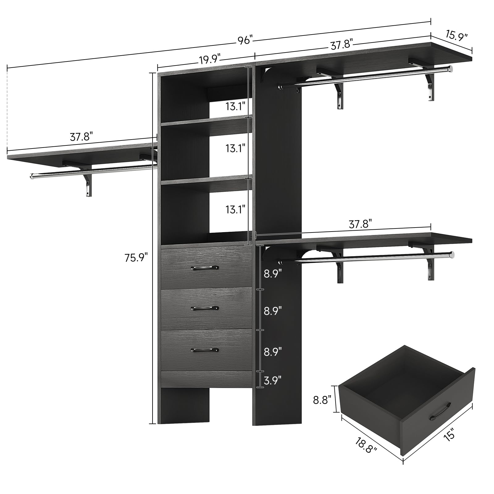 96 Inch Heavy Duty Walk-In Closet Organizer System - 8FT Closet with 3 Adjustable Shelves, 3 Hanging Rods & 3 Drawers - Built-In Garment Rack Supports 1000LBS (96