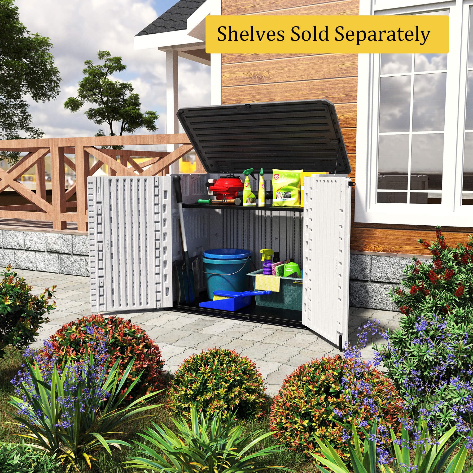 HOMSPARK 26 cu ft Weatherproof Outdoor Storage Shed - Water Resistant Multi-Purpose Cabinet for Bikes, Garbage Cans, Lawn Mowers & Garden Tools (Off-White) | Perfect for Backyard, Patio & Garage Organization