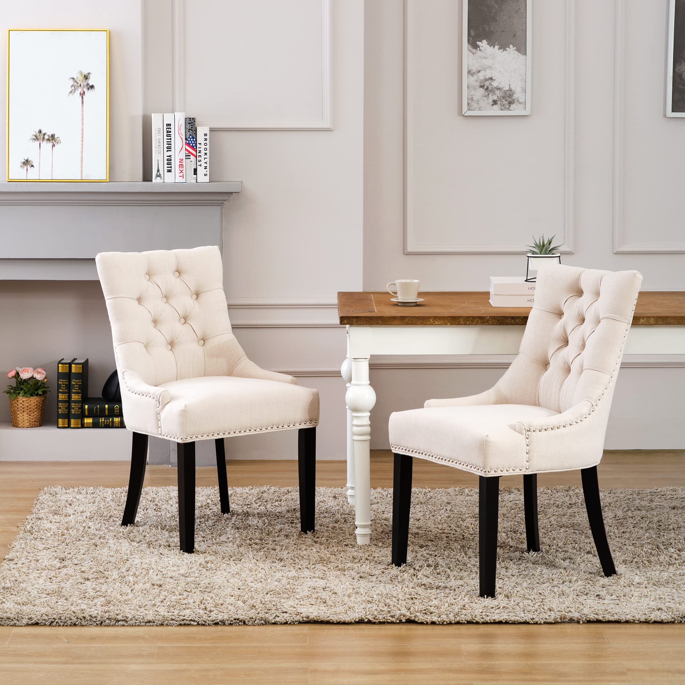WestinTrends Hayes Upholstered Dining Chairs Set of 2 - Modern Wingback Button Tufted Kitchen & Dining Room Chairs with Solid Wood Legs, Linen Fabric, Beige - Perfect for Farmhouse, Modern & Contemporary Home Decor