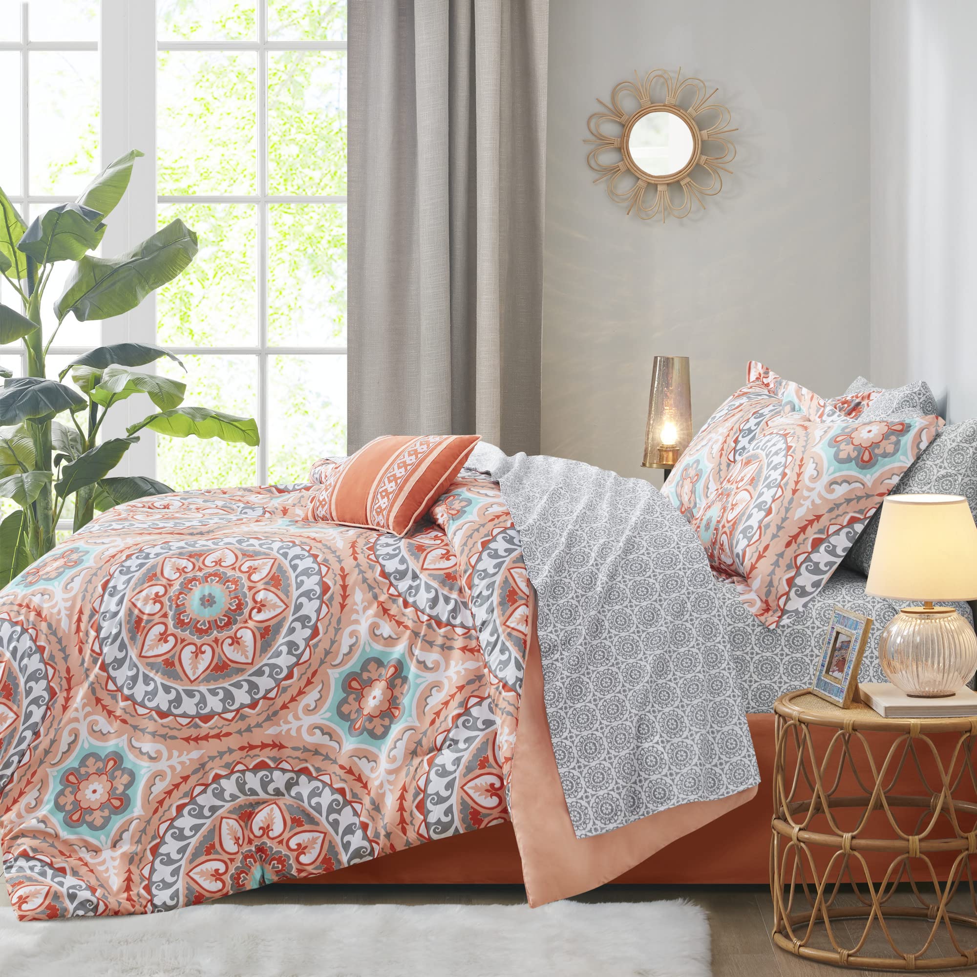 Madison Park Essentials Serenity 9-Piece Queen Bed in a Bag Comforter Set - Medallion Damask Design, All Season Cotton Bedding with Sheet Set & Bedskirt (90