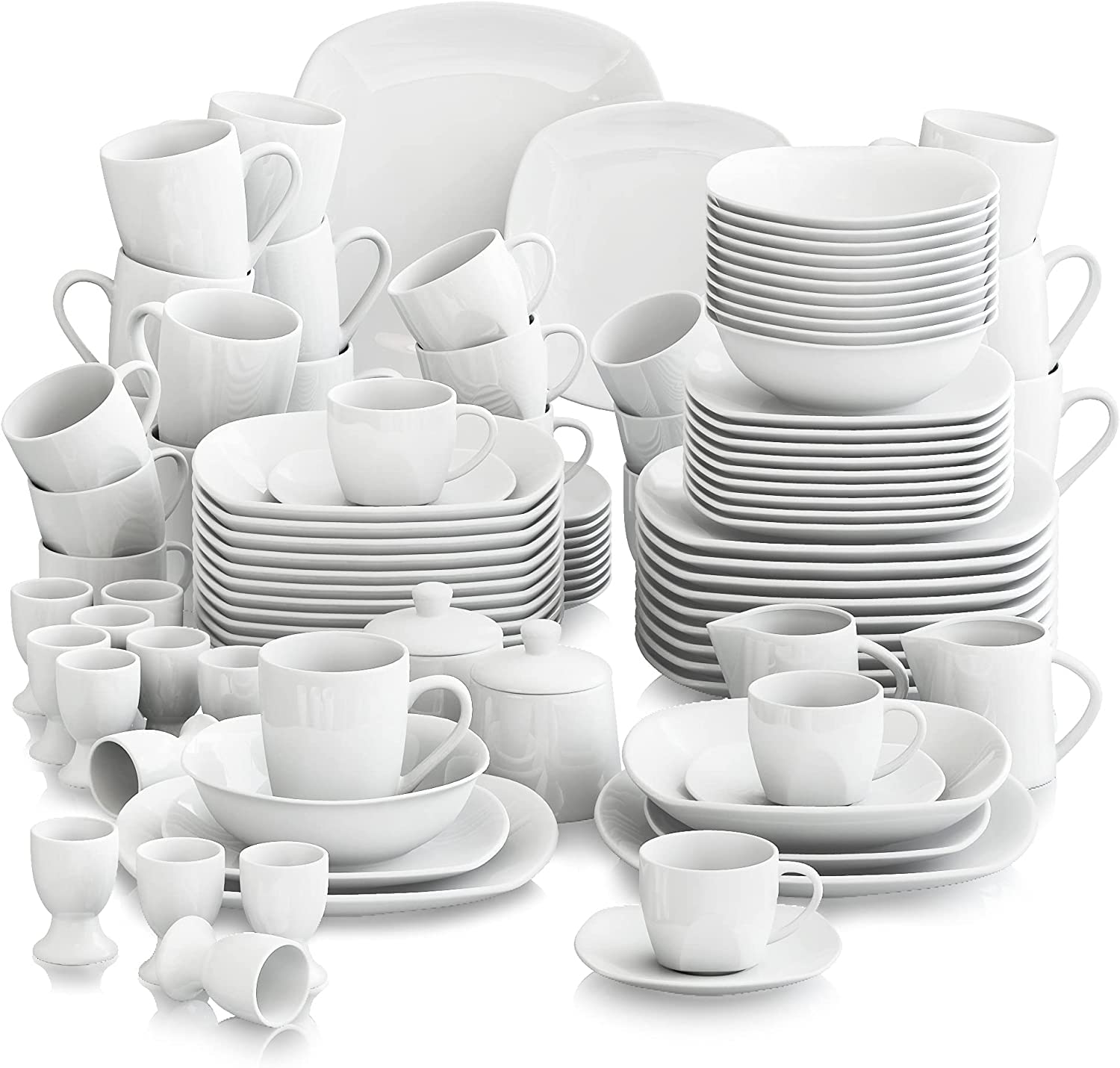 MALACASA 100-Piece Grey White Dinnerware Set for 12 - Square Plates, Bowls, Cups & Saucers with Egg Cups, Sugar Pot & Milk Jar - Elegant Elisa Series for Formal Dining, Wedding Registry & Holiday Entertaining