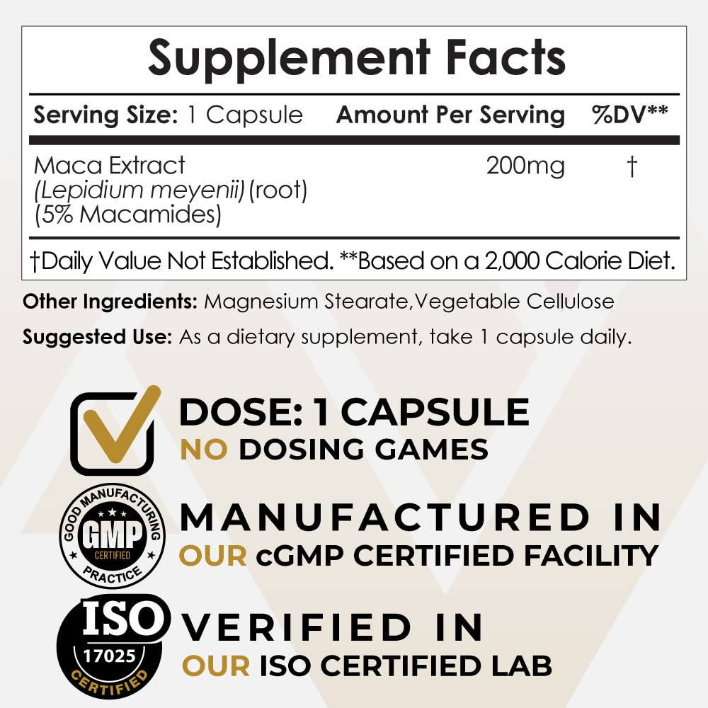 Organic Maca Extract Capsules 60 Count | 5% Macamides | Lepidium Meyenii Root Powder | Supports Mood, Energy & Vitality | Natural Adaptogen for Stress Relief & Endurance Boost | Perfect for Athletes, Busy Professionals & Menopause Support