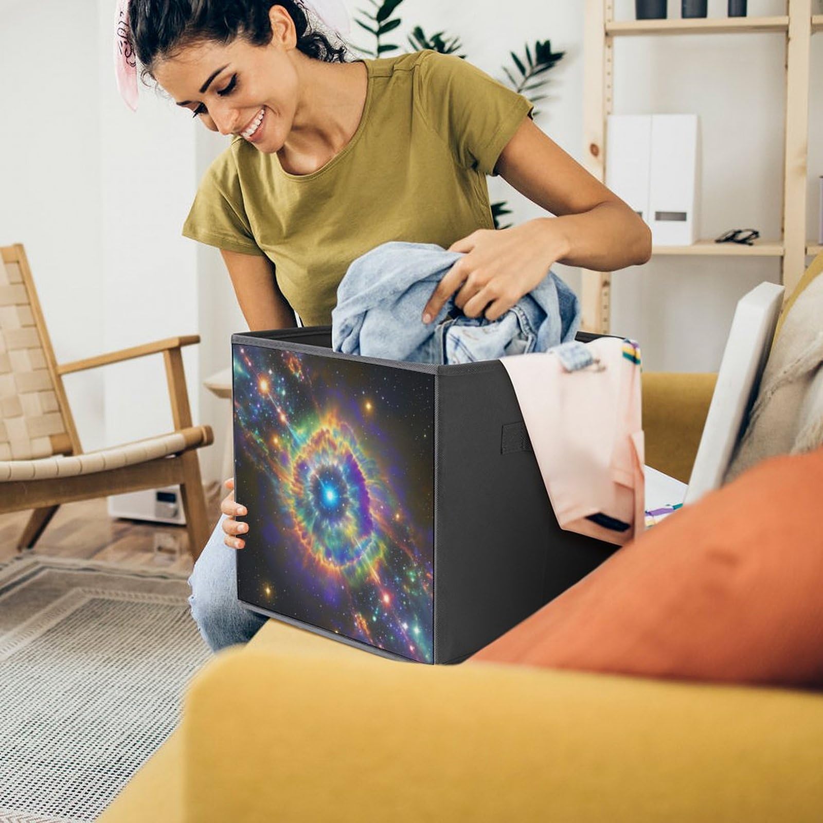 Foldable Storage Bins with Handles - Large Capacity Galaxy Printed Organizer for Home Office Playroom