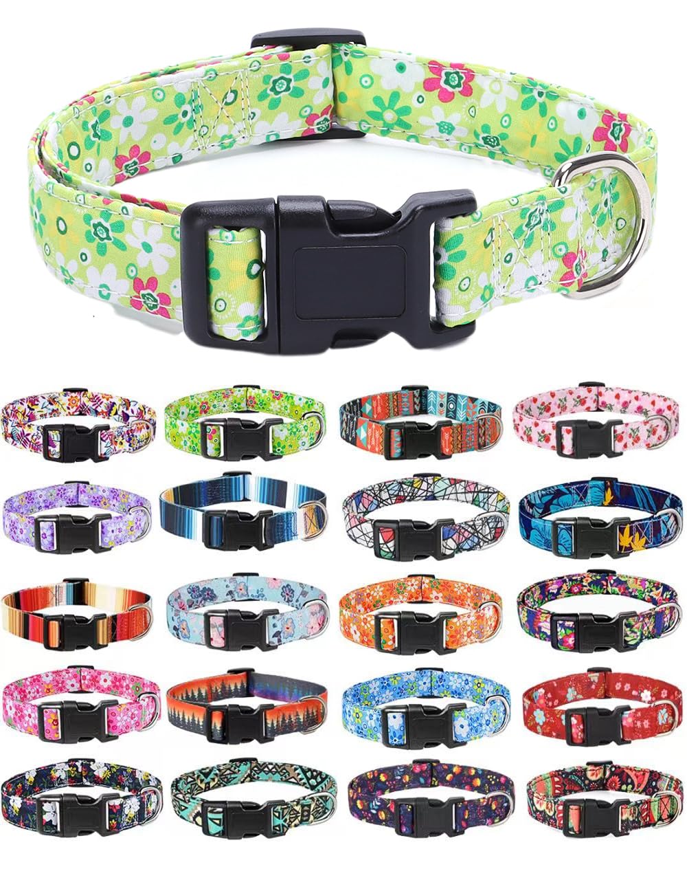 Moonpet Adjustable Soft Dog Collar - Bohemian Floral Design for Puppies & Small to Large Dogs - Unisex Cute Pet Accessory for Boys & Girls (Green Floral) - Perfect for Daily Walks, Training & Fashion Pet Outfits