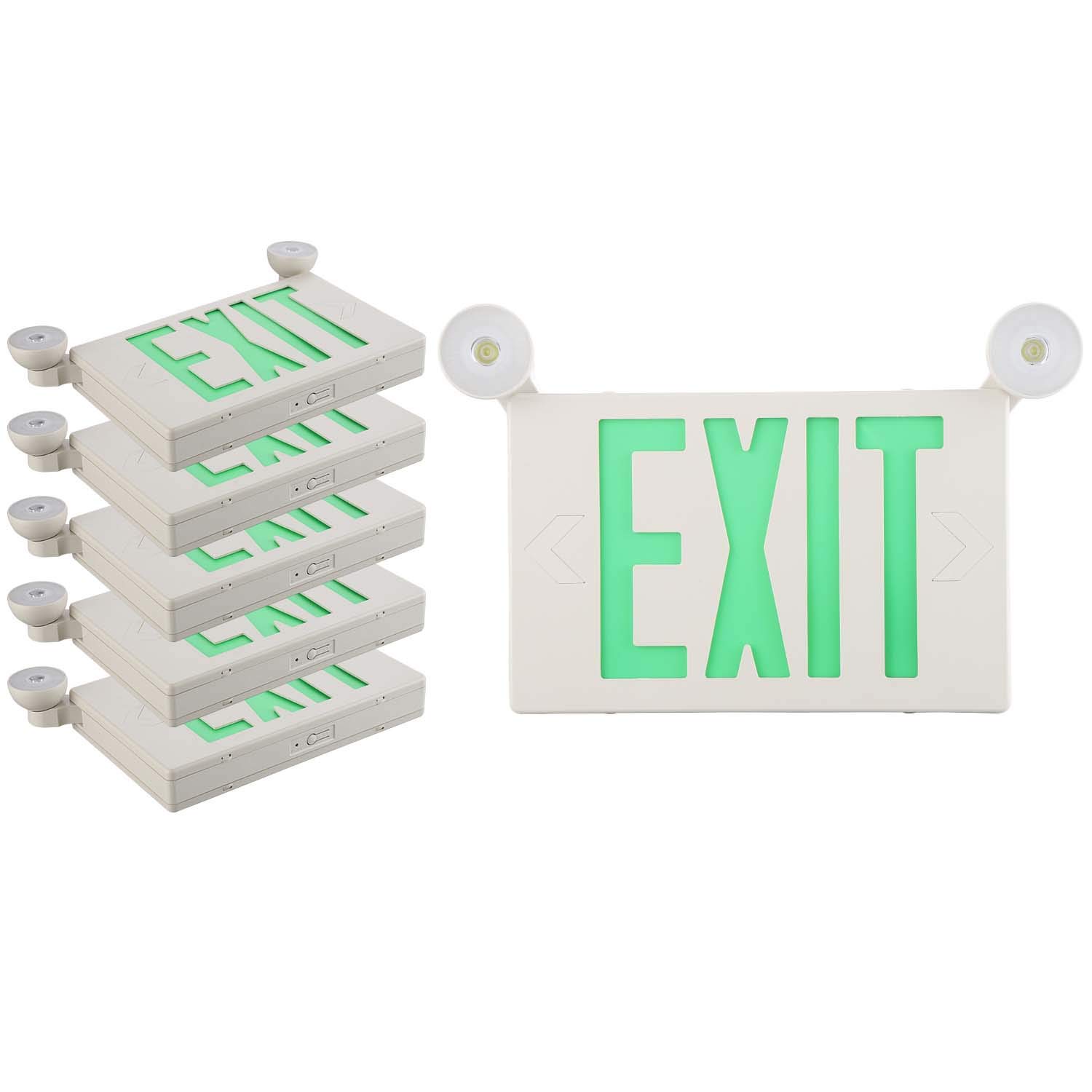 6 Pack UL Listed Green LED Exit Sign with Emergency Battery Backup - 120V/277V Adjustable Dual Head Fire Resistant ABS Exit Lighting - Perfect for Commercial Buildings, Warehouses & Emergency Exits