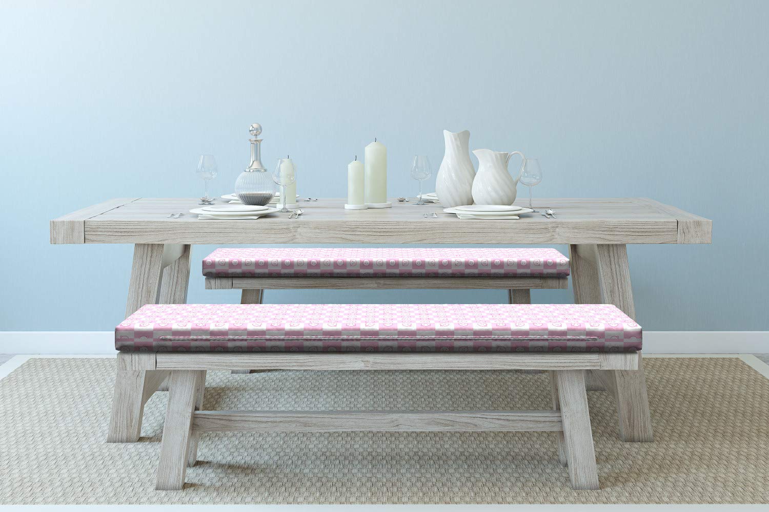 Ambesonne Checkered Bench Cushion Set of 2 - Square Foam Seat Cushions with Cute Piggy Faces Design for Girls, Standard Size Decorative Pillow Covers - Perfect for Window Seats, Patio Furniture, and Kids' Room Decor