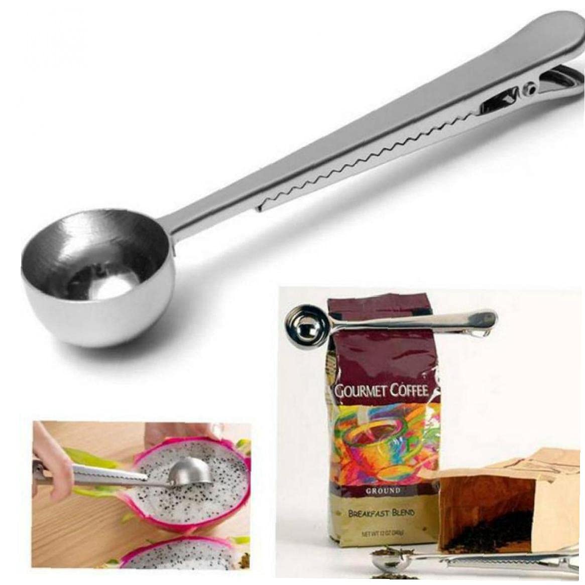 Premium Stainless Steel Coffee Scoop - Perfect for Measuring Ground Coffee, Tea, Milk Powder & Loose Spices - Includes Sealing Clip - Ideal for Home Baristas, Coffee Shops & Kitchen Use
