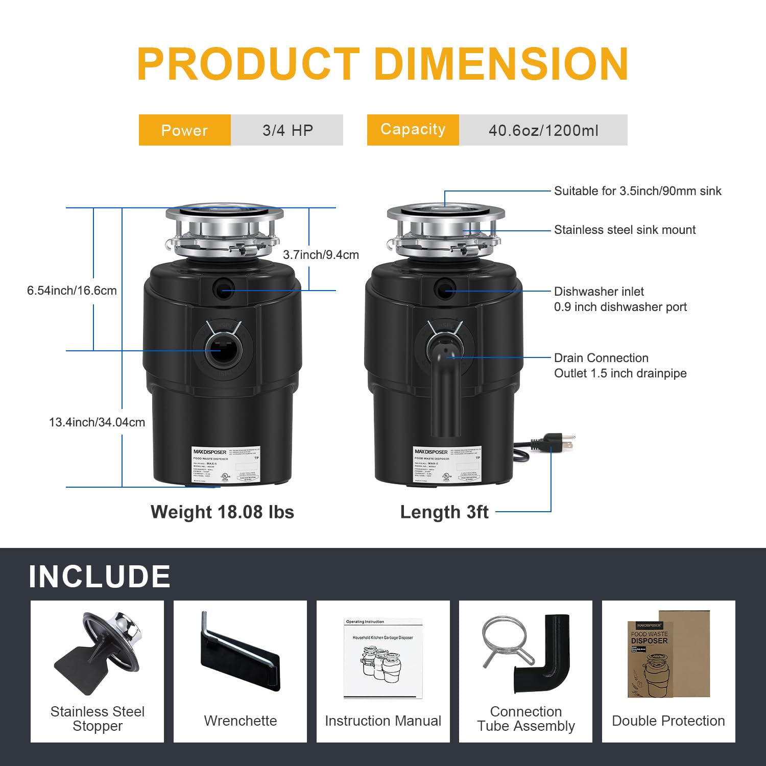 Ultra Quiet 3/4 HP Garbage Disposal - Powerful Stainless Steel Food Waste Disposer with Continuous Feed & Easy Installation | Perfect for Kitchen Sink, Dishwasher Hookup & Daily Food Scrap Disposal (MAX-5 Model)