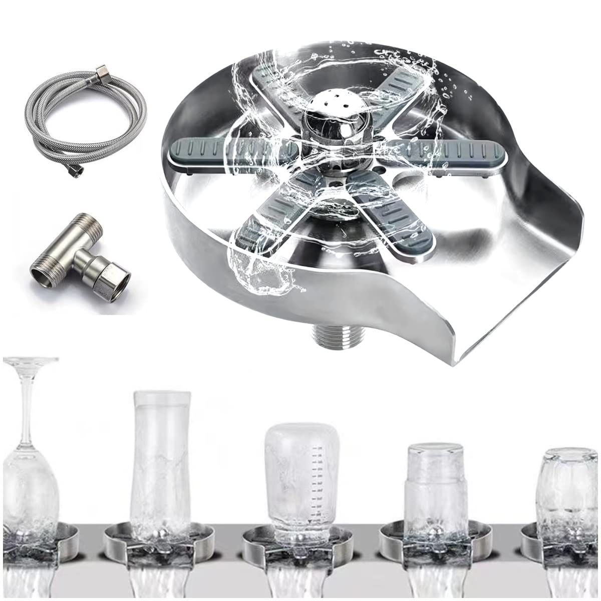 360° Rotary Stainless Steel Glass Rinser - 9 Hole Faucet Attachment for Kitchen Sinks | Brushed Nickel Cup Cleaner & Bottle Washer | Perfect for Bars, Restaurants and Home Dishwashing Stations