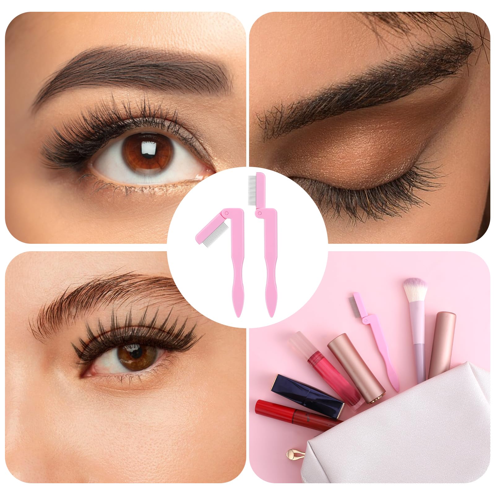 2 Pcs Stainless Steel Eyelash Comb & Eyebrow Brush - Professional Lash Separator Tool with Metal Teeth for Mascara Application, Perfect for Salon & Home Makeup (Pink)