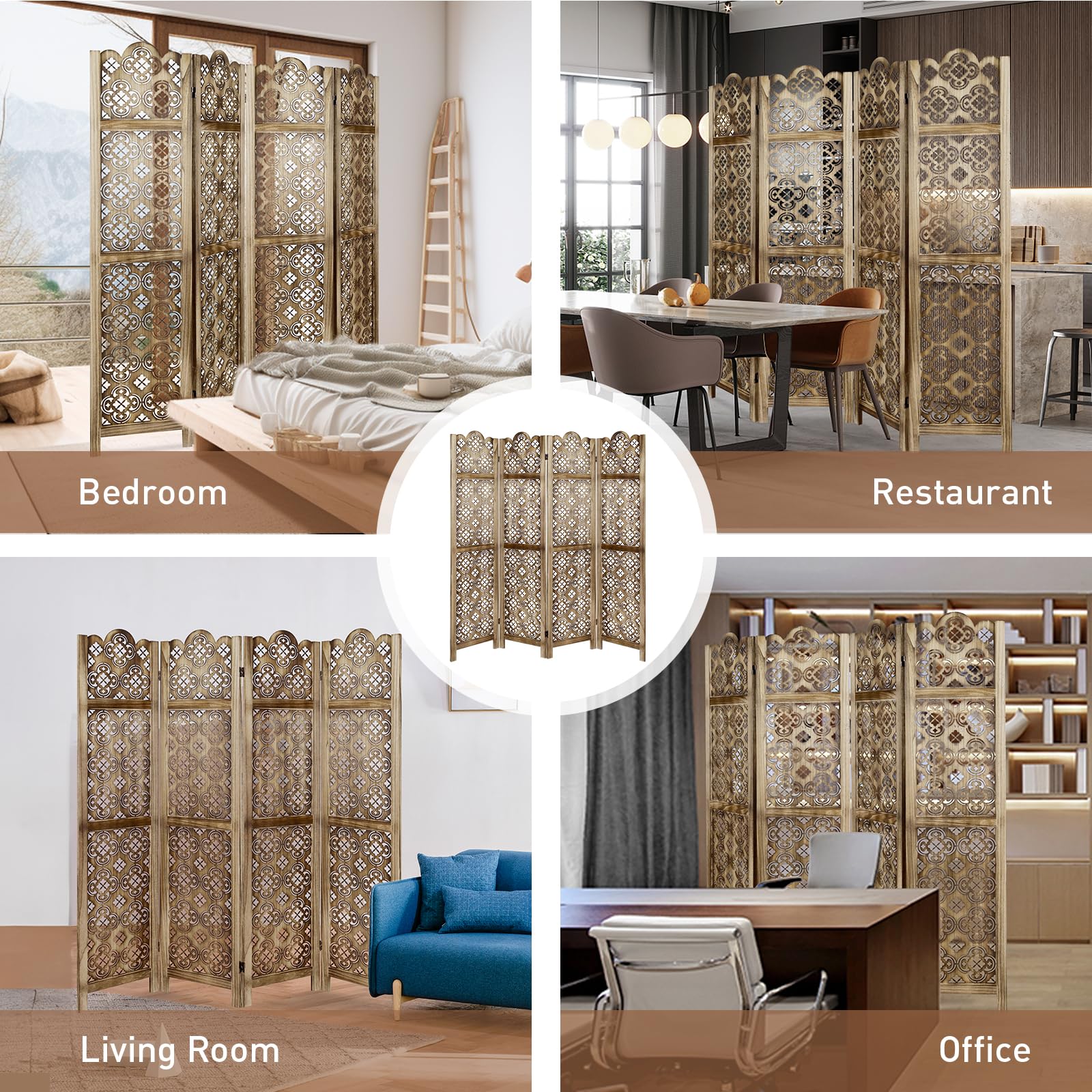 ECOMEX 5.6Ft Wooden Room Divider with 4 Panel Cutout Design - Fully Assembled Folding Screen for Home, Office, Restaurant & Bedroom - Natural Brown Wall Partition for Privacy & Space Decoration