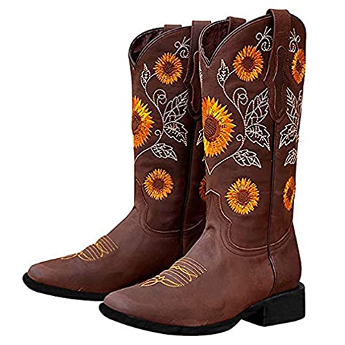 Heelchic Women's Sunflower Printed Western Cowgirl Boots - Round Toe Embroidered Short Boots for Country Music Festivals & Rodeo Events