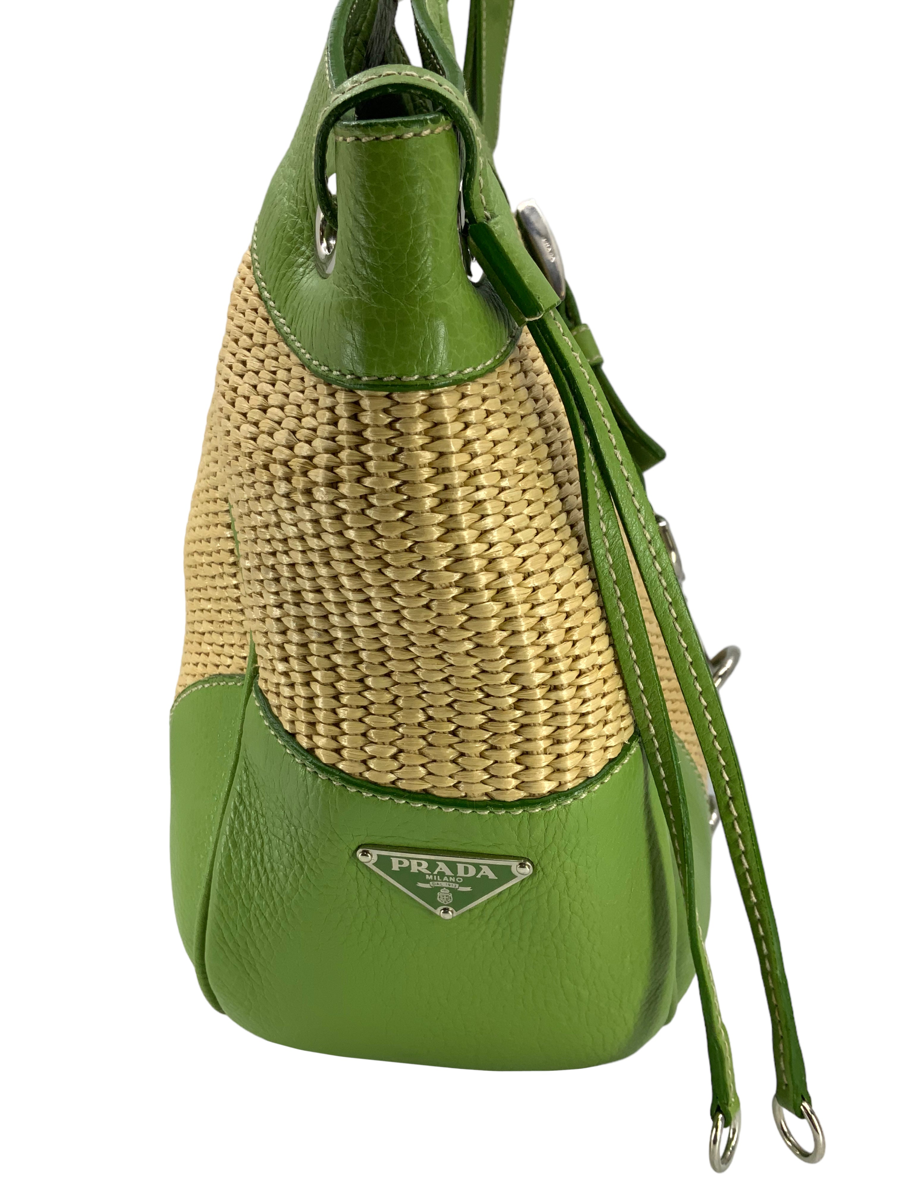PRADA Leather and Straw Shoulder Bag for Women | Luxury Designer Handbag for Summer, Beach, and Casual Outings