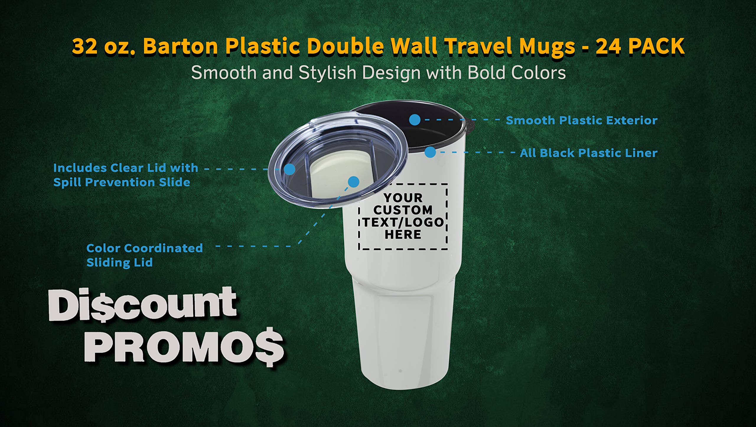 32 oz. Personalized Barton Plastic Double Wall Travel Mugs - 24 Pack with Custom Text & Logo - White - Perfect for Office, Events & Promotional Gifts