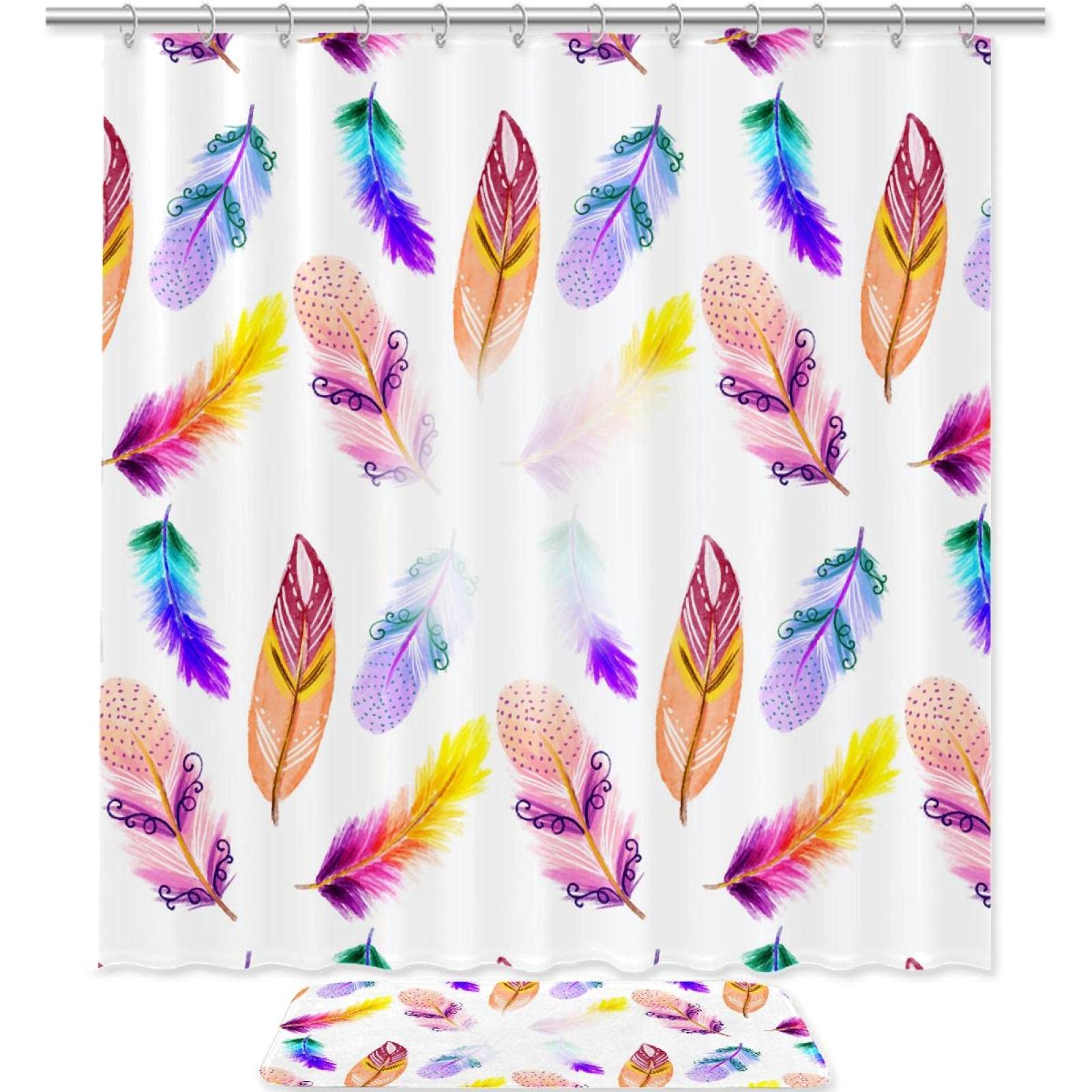 Bohemian Feather Shower Curtain Set - 2 Piece Bathroom Decor with Hooks and Non-Slip Floor Mat | Waterproof & Stylish for Hippie, Boho, or Vintage Themed Bathrooms
