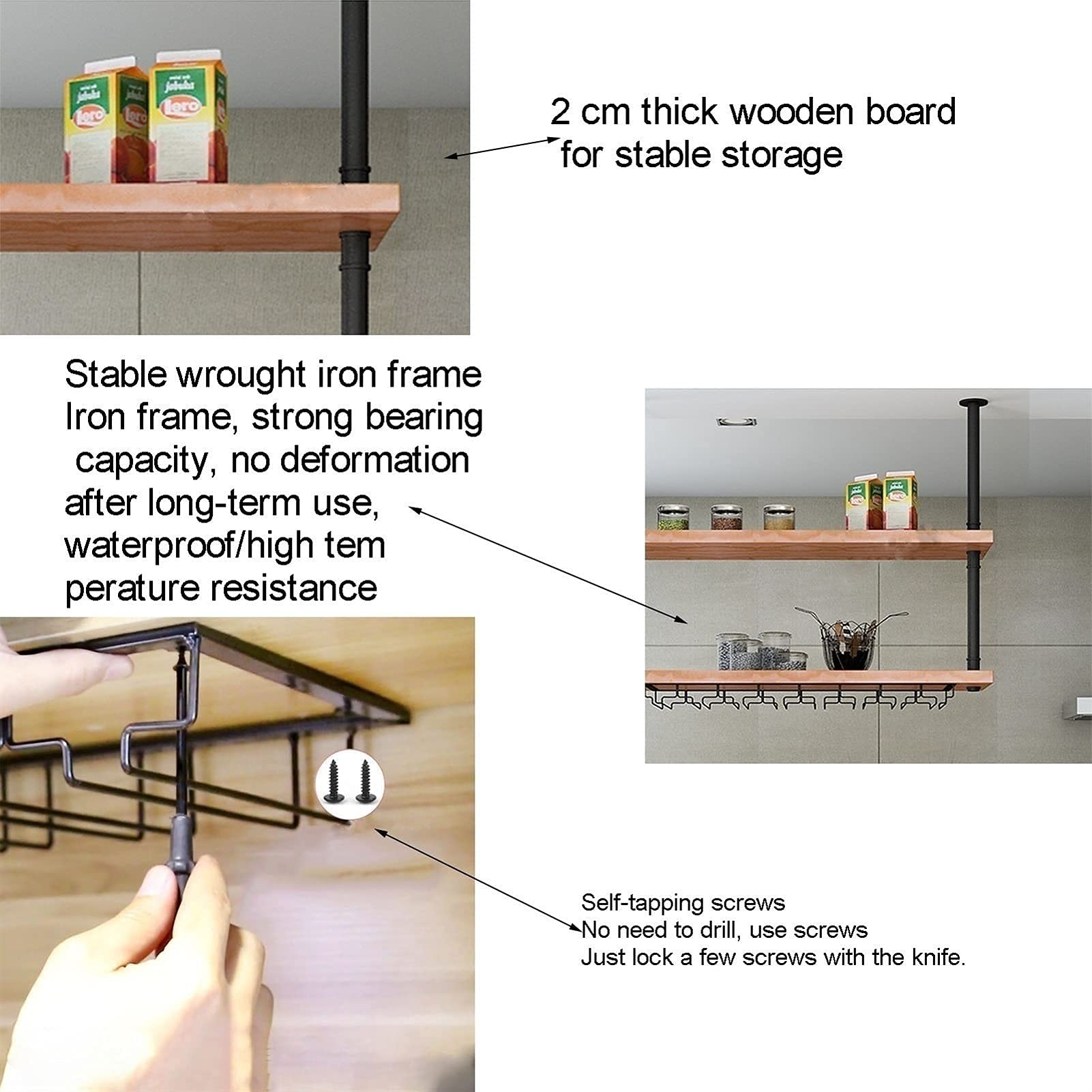Industrial Wooden Wall Mounted Bottle & Glass Holder - Ceiling Wine Glass Rack, Floating Shelf for Kitchen, Bar, Restaurant & Home Decor - Perfect for Wine Storage & Display