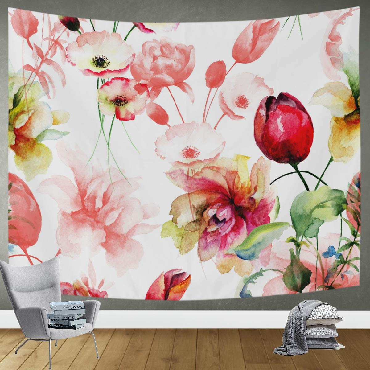 DOMIKING Floral Watercolor Tapestry Wall Hanging - 80x60 Inch Bohemian Bedroom Decor, Living Room & Dorm Wall Art - Perfect for Hippie Aesthetic, Meditation Spaces & Cozy Home Decor