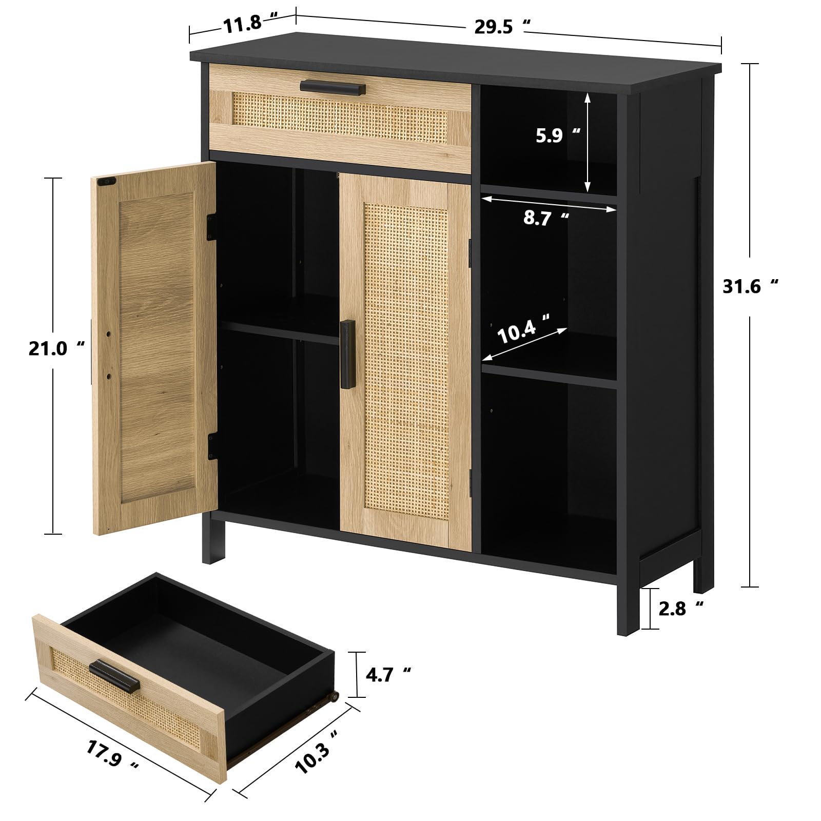 WEENFON Rattan Storage Cabinet with Drawer & Doors - Adjustable Shelves Sideboard Buffet Cabinet for Living Room, Entryway, Hallway - Black & Natural Wood Floor Cabinet for Home Organization & Decor