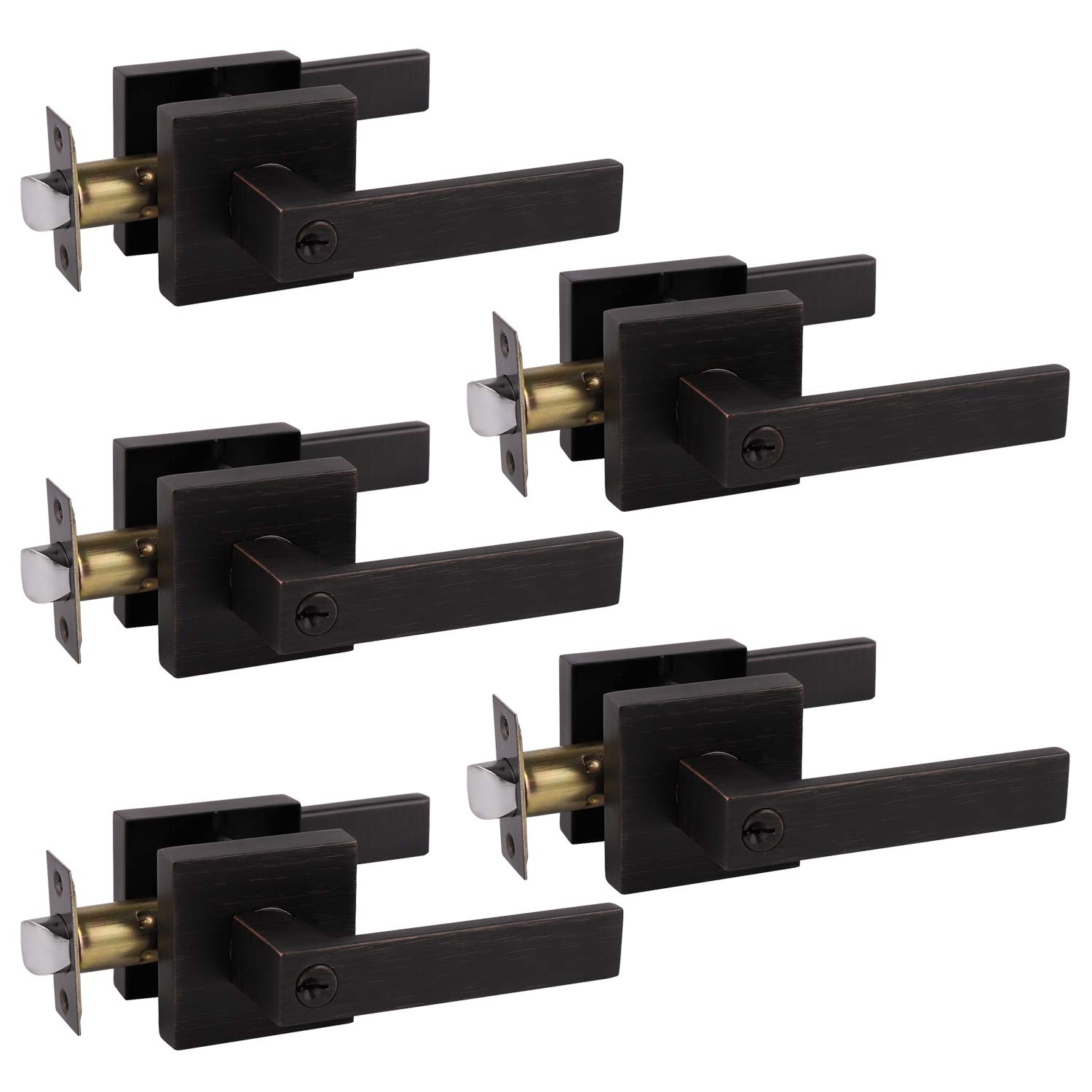 Probrico 5-Pack Keyed Entry Lever Locks for Exterior & Front Doors - Heavy Duty Entrance Door Handles in Oil Rubbed Bronze - Universal Handing Hardware Lockset with Different Keys - Perfect for Home Security, Office Buildings & Rental Properties