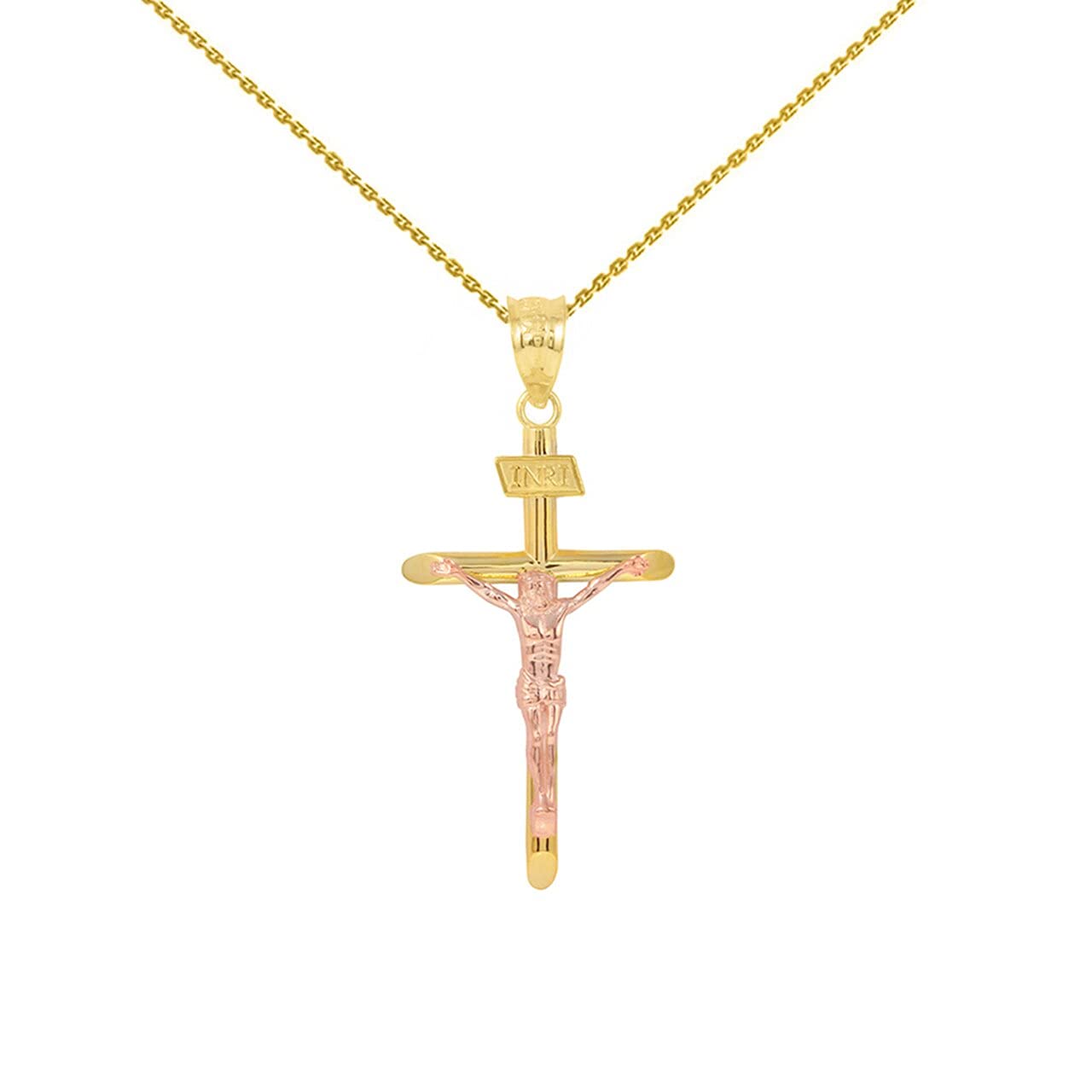 14K Solid Two-Tone Yellow Gold and Rose Gold INRI Cross Pendant Necklace (1.39