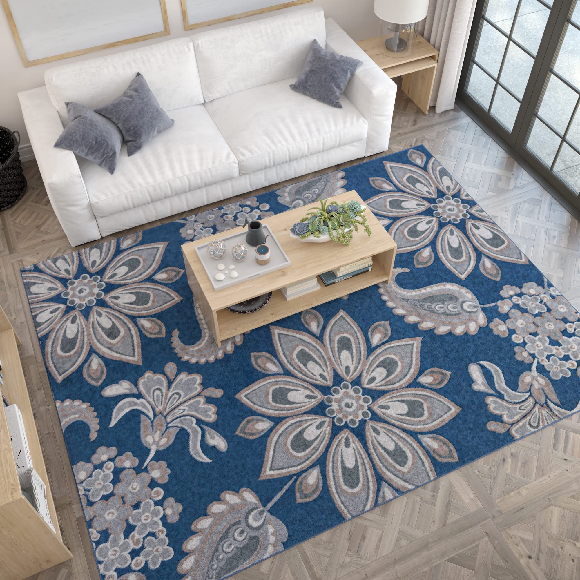 Tayse Matilda Navy Blue 8x10 Rectangle Area Rug - Floral Transitional Design for Living Room, Bedroom, Dining Room - Soft & Durable 7'10'' x 9'10'' Indoor Rug - Perfect for Home Decor, Apartment Styling, and Cozy Spaces