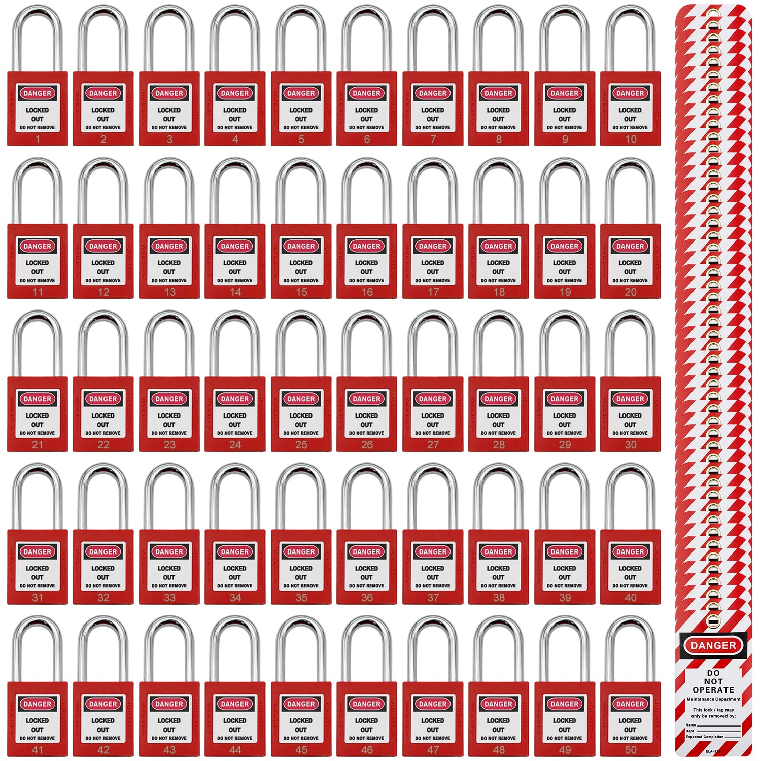 50-Piece Lockout Tagout (LOTO) Safety Padlock Set - Keyed Differently with 50 Red Plastic Lockout Tags | OSHA-Compliant for Industrial Equipment Maintenance & Electrical Safety