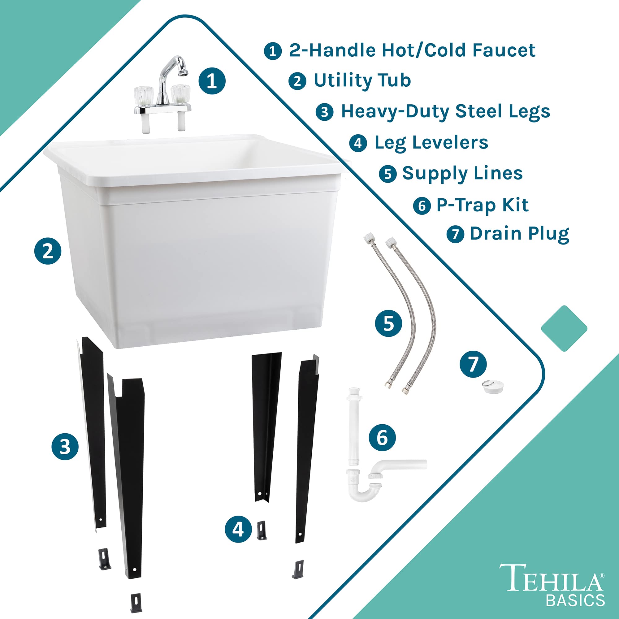 Tehila Basics 21-Gallon White Utility Sink with Chrome Faucet - Heavy Duty Plastic Laundry Tub, Adjustable Legs - Perfect for Laundry Rooms, Garages & Basements