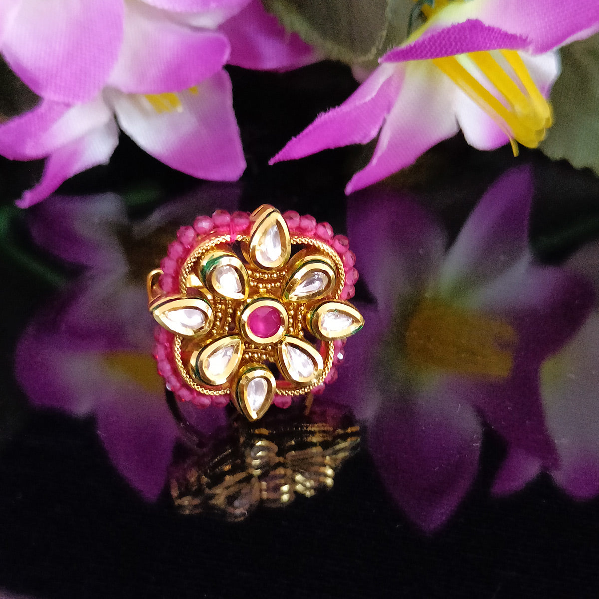 Exquisite Gold Plated White Kundan Beaded Ring - Elegant Indian Jewelry for Women | Perfect for Weddings, Parties & Special Occasions