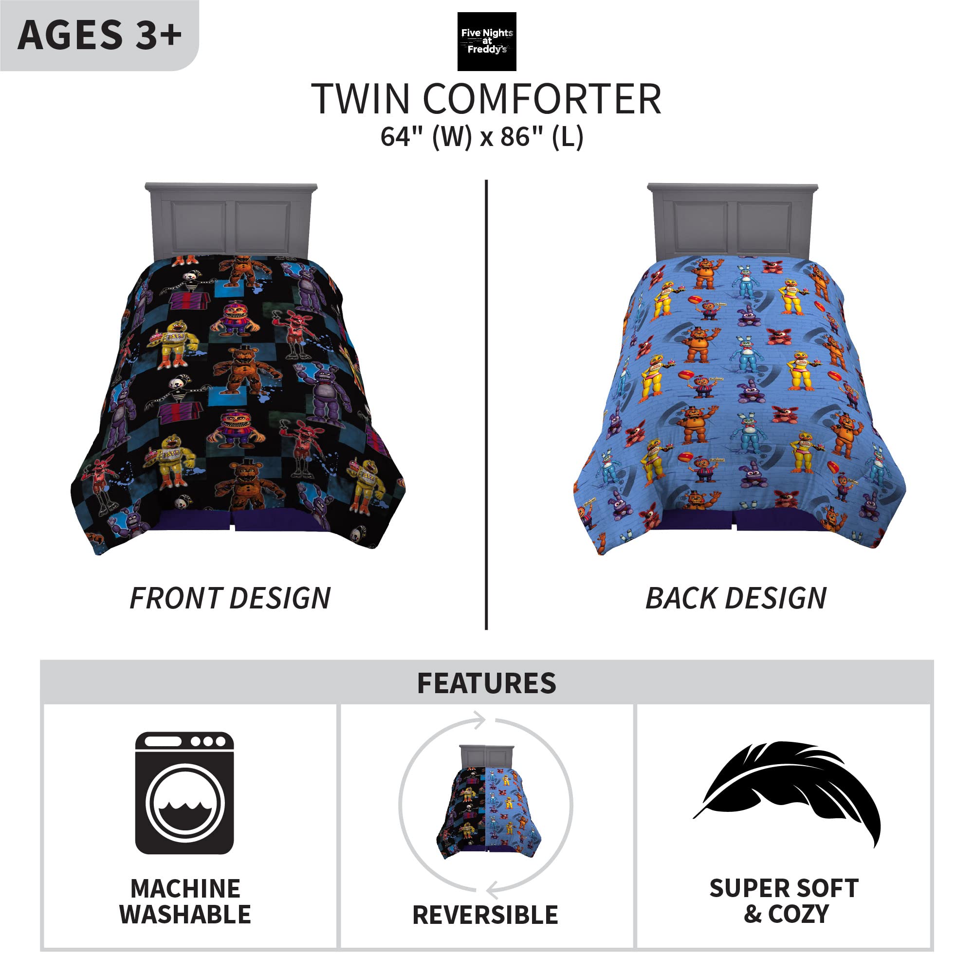 Franco Kids Bedding Set - Soft Microfiber Comforter for Twin Bed, Five Nights At Freddy's Themed - Perfect for Kids' Room Decor, Sleepovers & Gaming Themed Bedrooms