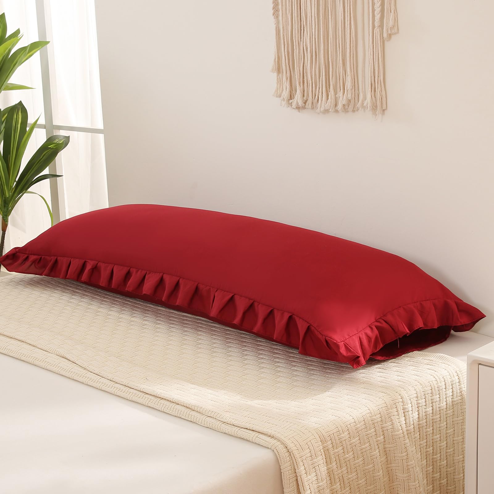 Burgundy Body Pillow Cover 20x54 Inches - Long Ruffled Pillowcase with Shabby Chic Fringe Decor - Cute Decorative Pillow Sham for Bedroom, Sofa & Dorm (1 Piece, Burgundy) - Perfect for Home Decor, Cozy Reading Nook & Gift Ideas