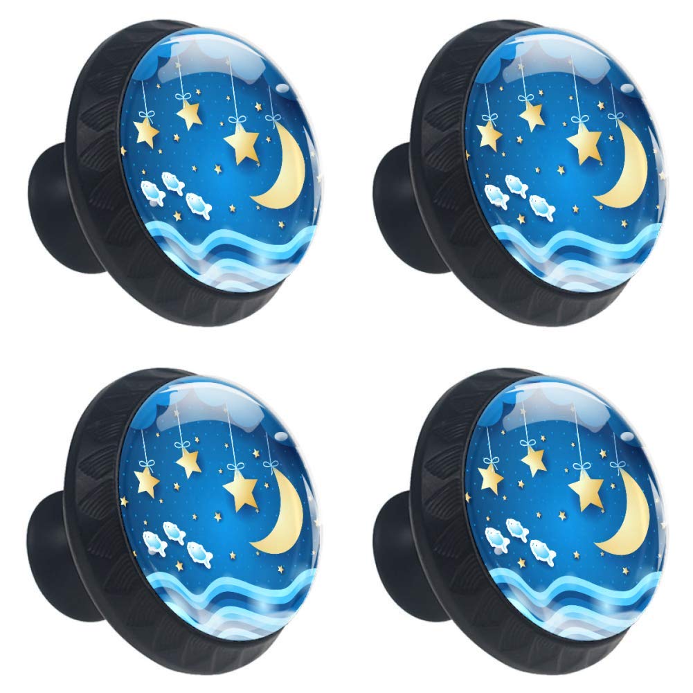 Crystal Glass Cabinet Knobs - 4pcs 3D Star Moon Pulls for Wardrobe & Closet