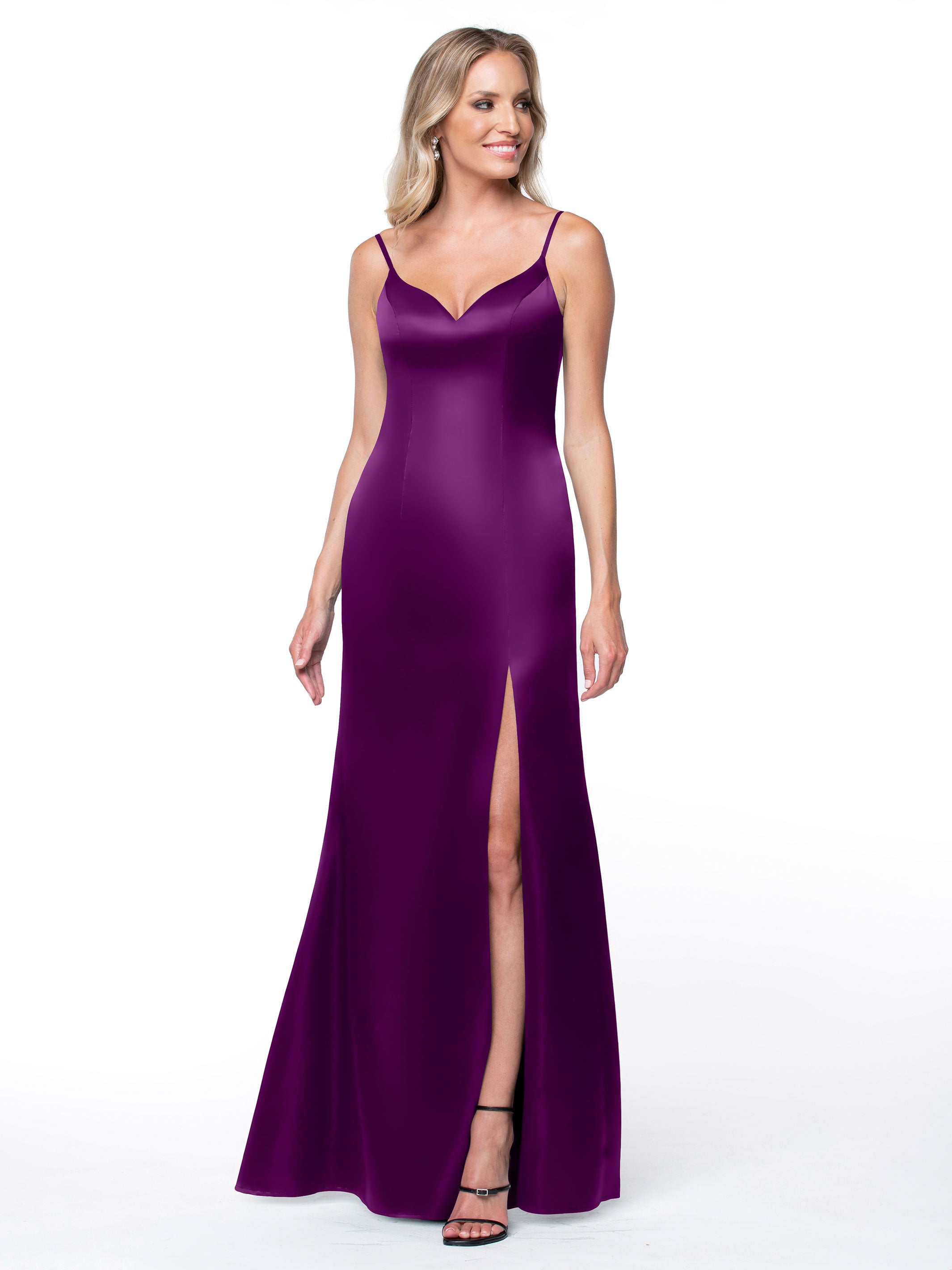 Elegant Fit and Flare Satin Bridesmaid Dress with Thigh High Slit - Perfect for Weddings, Prom, and Formal Events