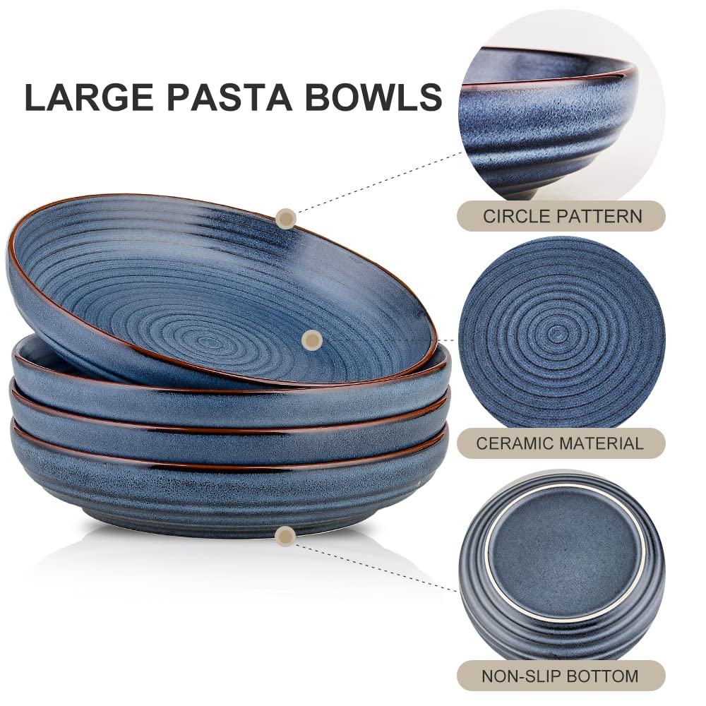 HVH 9.2 Inch Large Pasta Bowls Set of 4 | 40oz Big Salad Bowls | Microwave & Dishwasher Safe Ceramic Dinnerware | Farmhouse Style Shallow Serving Bowls (Black) - Perfect for Family Dinners, Entertaining Guests & Restaurant-Style Meals