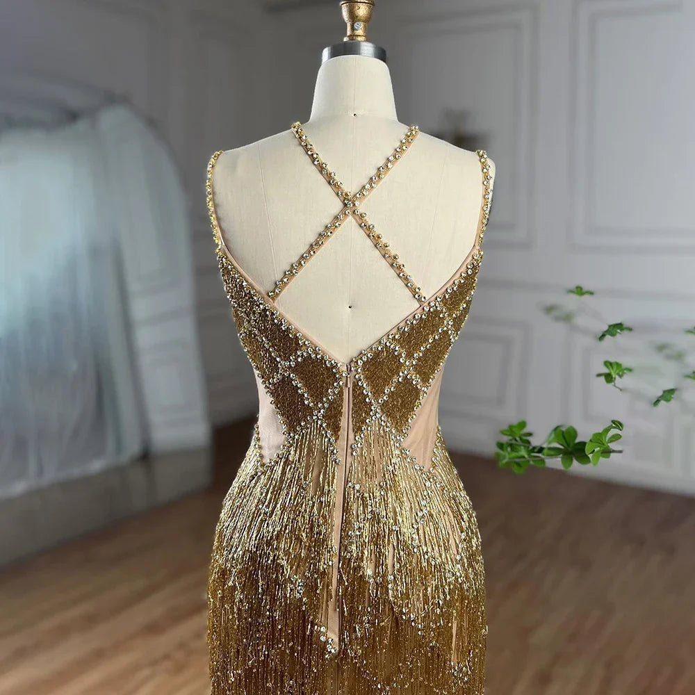 Luxury Beaded Mermaid Evening Gowns for Women - Dubai Silver & Gold Tassel Spaghetti Strap Party Dresses 2025 | Perfect for Prom, Gala & Formal Events - LA72280