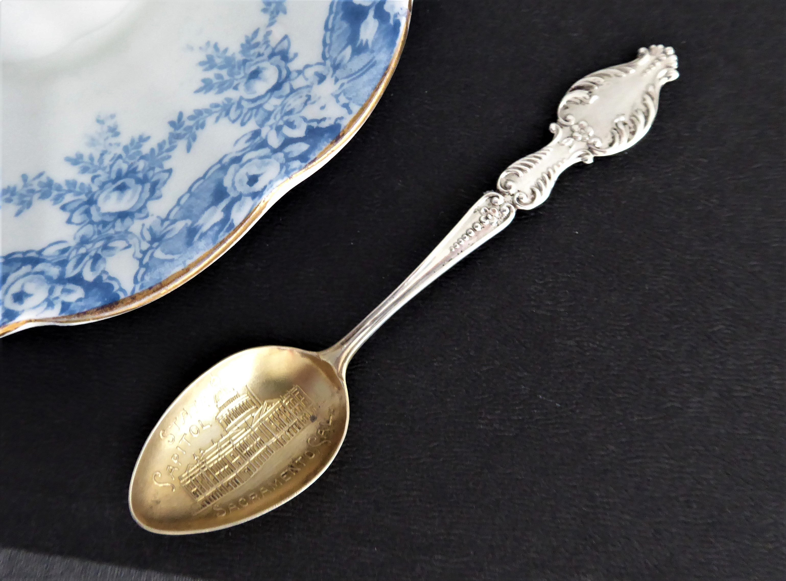 Antique Victorian Sterling Silver Souvenir Spoon - Sacramento California 1890s with Embossed Gold Wash Bowl | Collectible Silverware, Perfect for Display, Gift Giving & Historical Collections