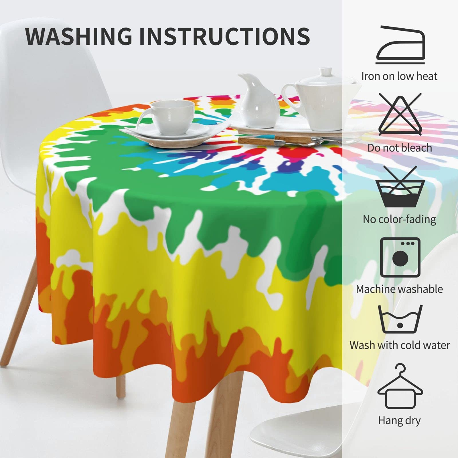 Vibrant Tie-Dye Rainbow Peace Round Tablecloth - Thickened Washable Table Cover for Kitchen, Dining, Party Decor (60 Inch) | Perfect for Boho Home Decor, Outdoor Picnics & Festive Gatherings