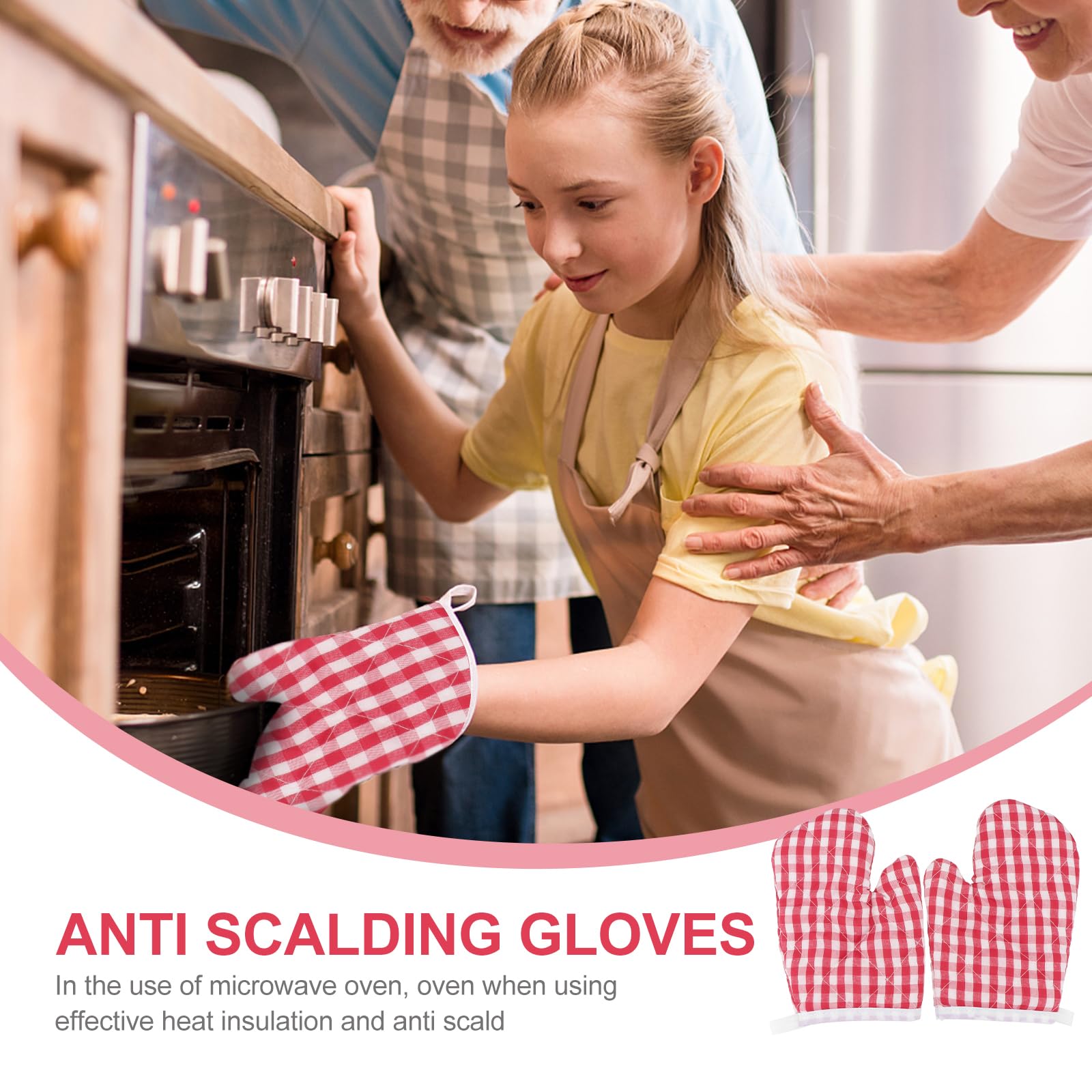 UPKOCH Red Plaid Heat Resistant Oven Mitts for Kids - Cute Kitchen Gloves for Baking & Cooking (2 Pack) - Extra Long Silicone Lined Mittens - Perfect for Young Bakers, Home Chefs & Holiday Cookie Decorating
